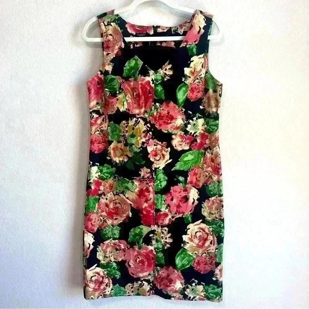Talbots Women’s Black Pink Floral Sheath V-Neck Midi Dress‎ Size 10